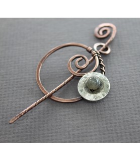 Penannular Shawl Pin with Silver Button and Labradorite Stone