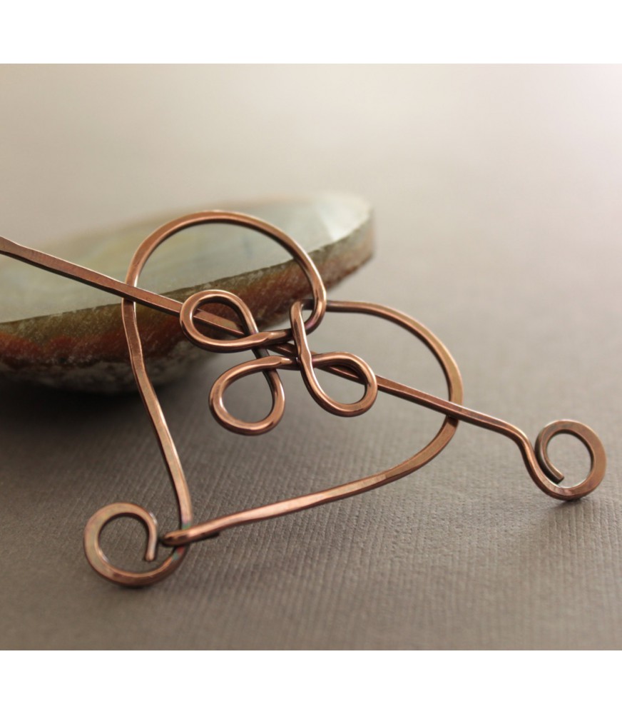 Celtic heart shawl pin or scarf pin in solid copper with pin stick
